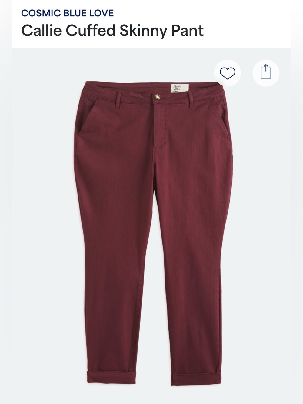 Cosmic Blue Love Callie Cuffed Skinny Pants Burgundy 22W Stretch